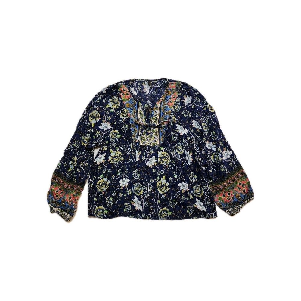 SHEIN Peasant Top Women's Large Blue Boho Floral Tie Neck Flowy Beachy